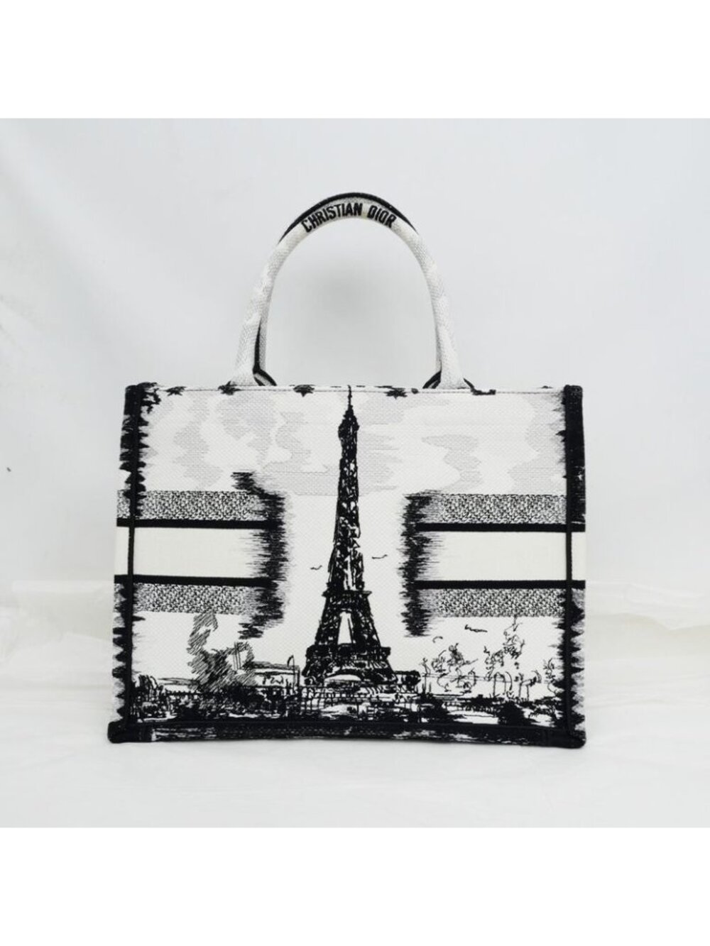 Christian Dior Book Tote Eiffel Tower Monotone Black And White Handbag - Picture 2 of 10